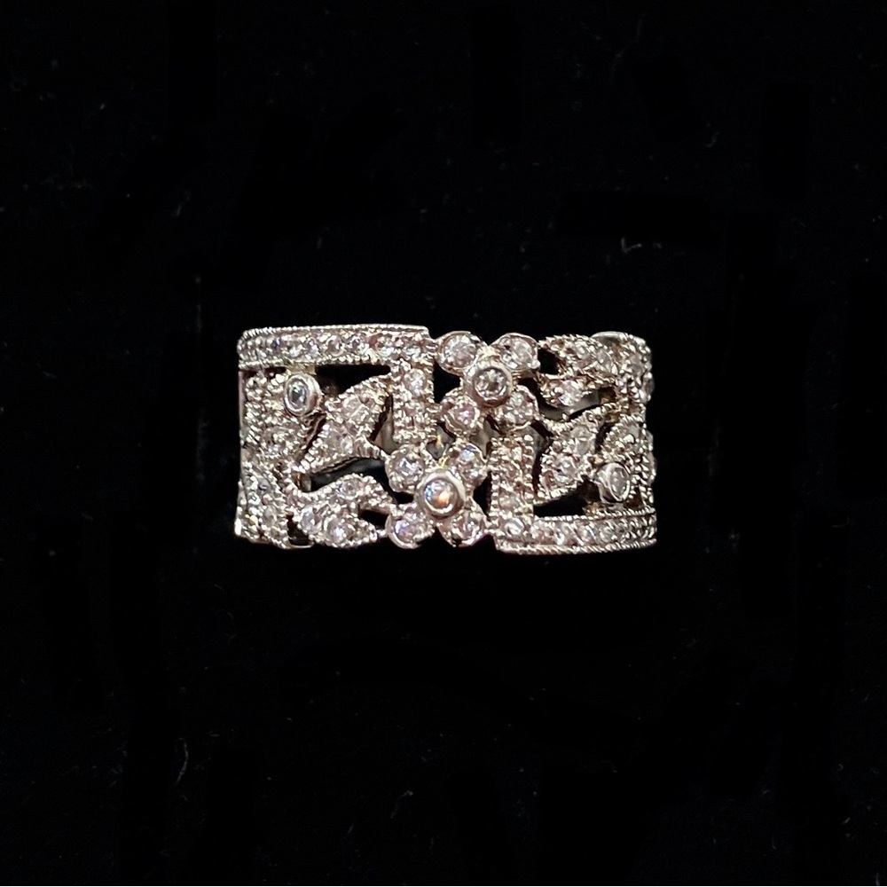 Sterling Silver 925 Floral Filigree CZ Wide Band Ring